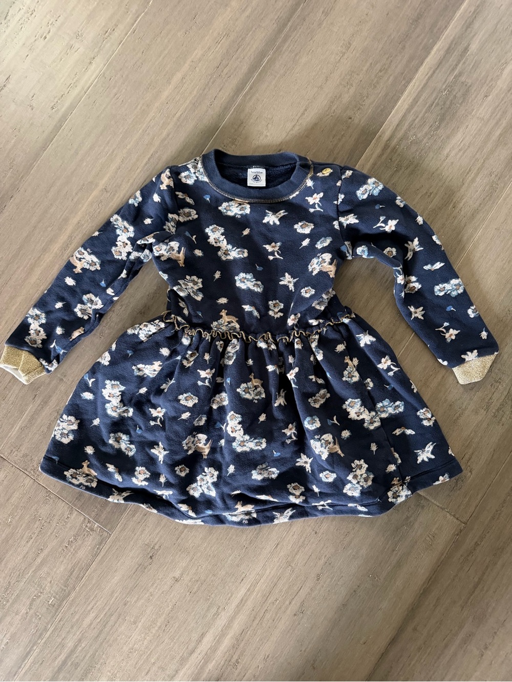 Petit Bateau Girls Navy Floral Long-Sleeve Dress with Gold Cuffs sz 5 / 110cm